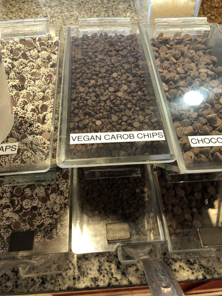 Vegan Carob Chips for an Ice cream topping at blueberry Frog in Greenville, SC