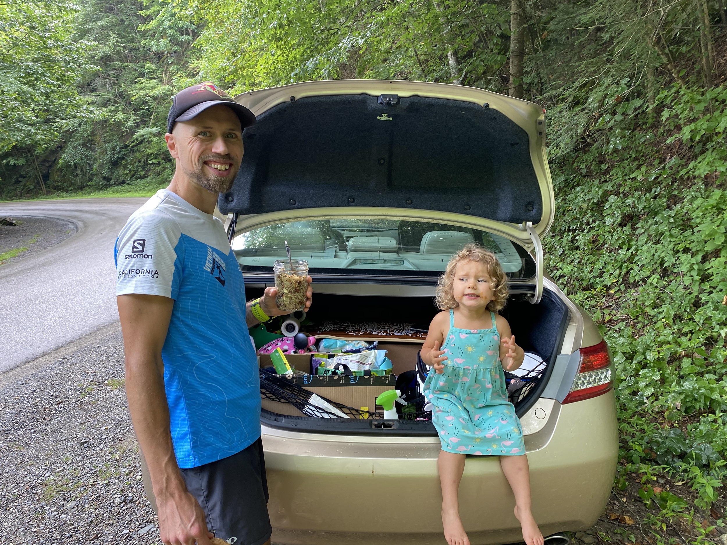 Stopping for a self-packed lunch on a road trip with a toddler
