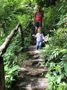 Steep steps leading down to Cascades Fall on a hike near Boone NC