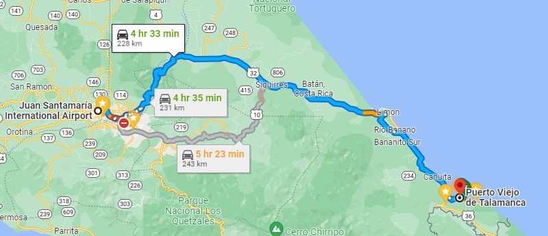 map of how to get to puerto viejo from san jose