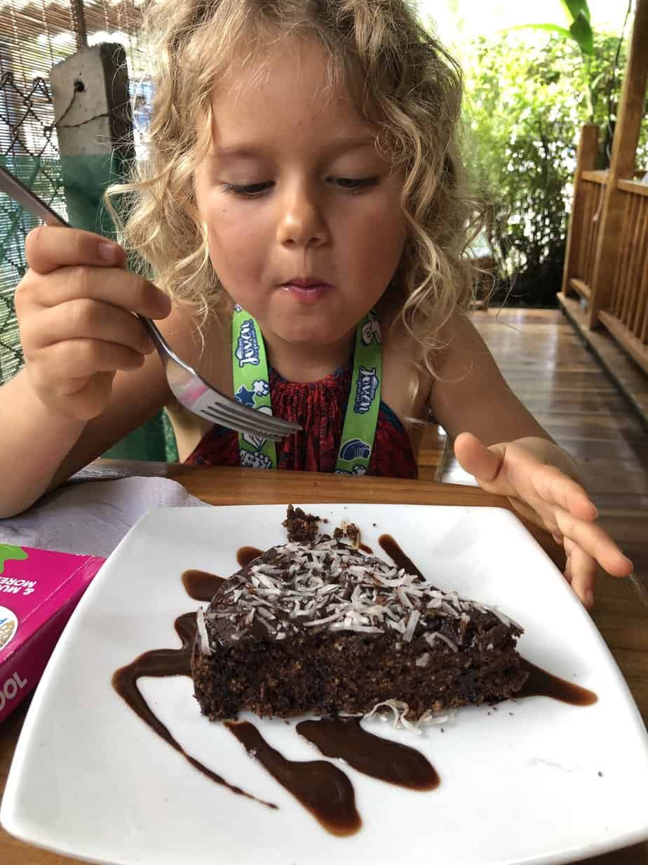 Vegan and gluten free chocolate cake at Bread and Chocolate restaurant in puerto viejo