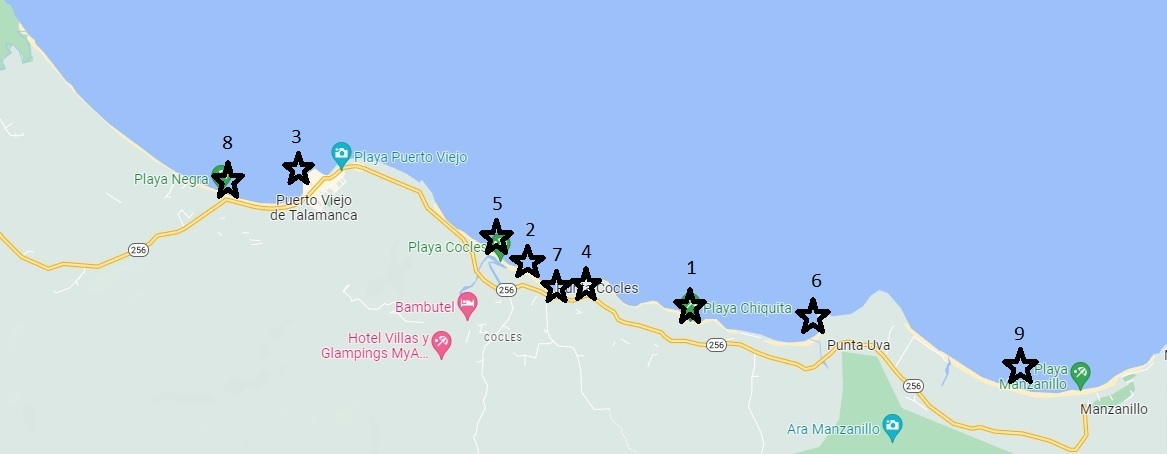 Map of the best Puerto Viejo Beaches for kids