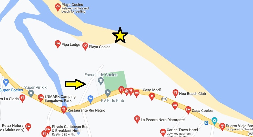 Playa Cocles in Puerto Viejo Map