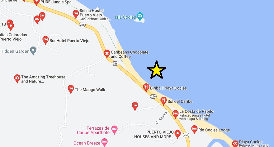 Playa Cocles Surf Beach Map in Puerto Viejo