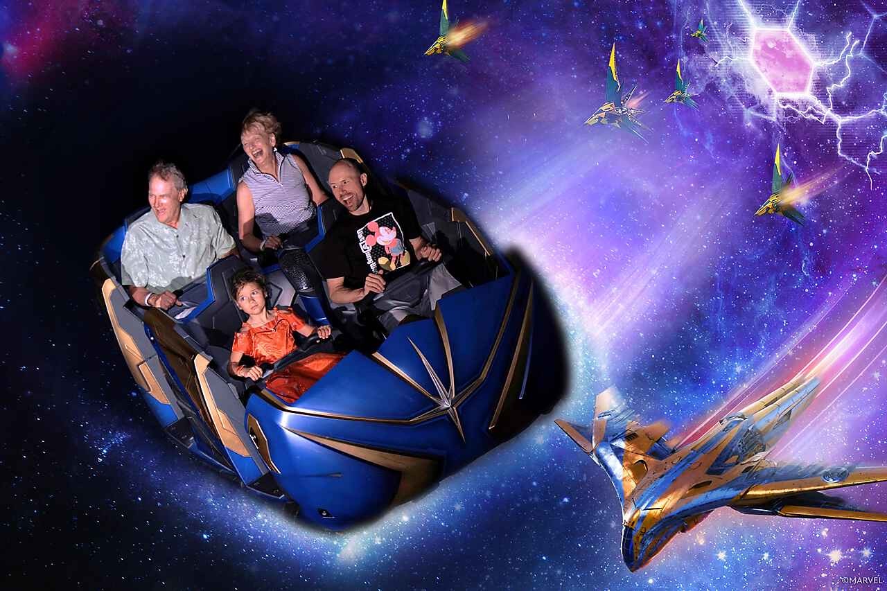 3 adults and one child, who is unsure of the ride, on Guardian's of the Galaxy in EPCOT