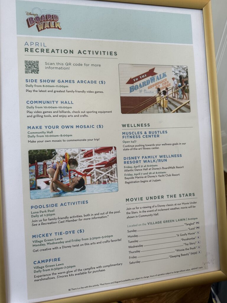 Kids activity schedule at Disney's Boardwalk resort
