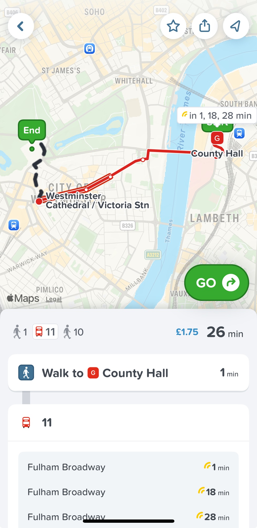 The route from Premier Inn Waterloo to Buckingham Palace, as navigated by CityMapper