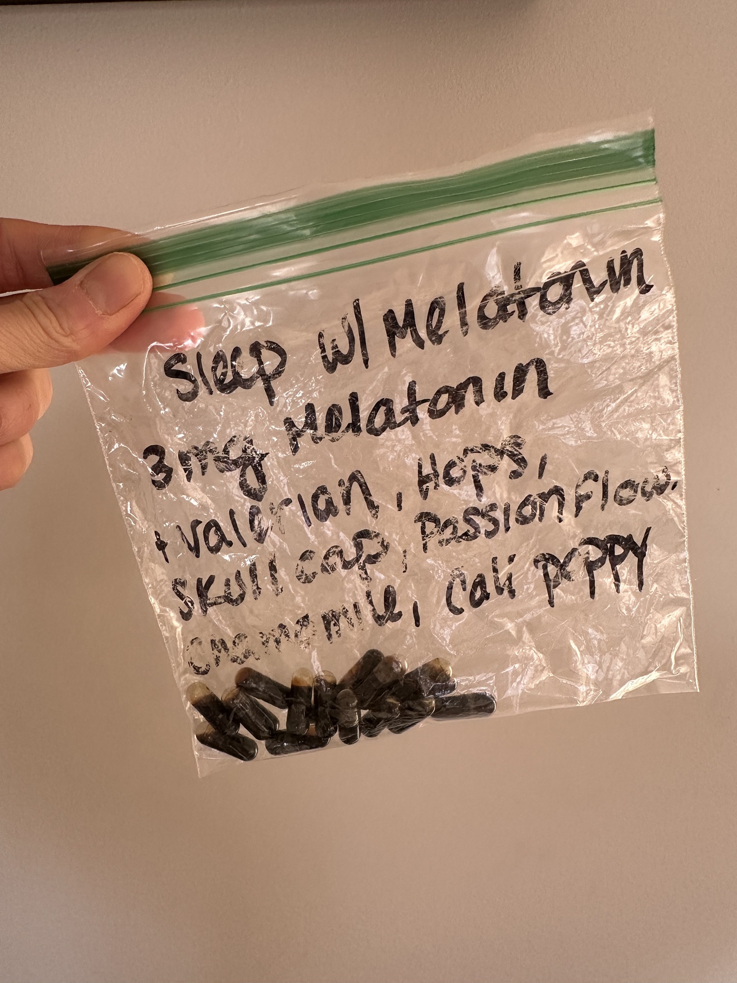 Melatonin Supplements in a plastic bag to save on space in a suitcase