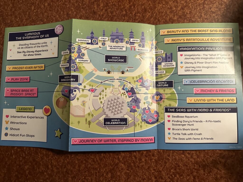 A map of family activities and attractions at Epcot