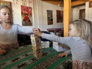 Playing Jenga at a restaurant in Humahuaca, Argentina