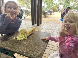 Eating popcorn after viewing Iguazu Falls in Argentina