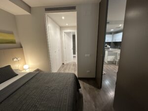 The sliding door of a studio apartment at Espais Blaus in Barcelona